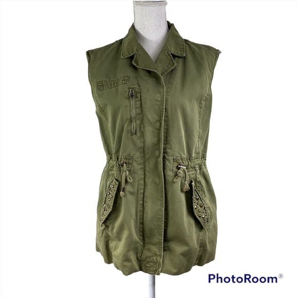 Forever 21 Army Green Utility Vest Studded Pockets Zip Snap Boho Womens Size S - Picture 1 of 9